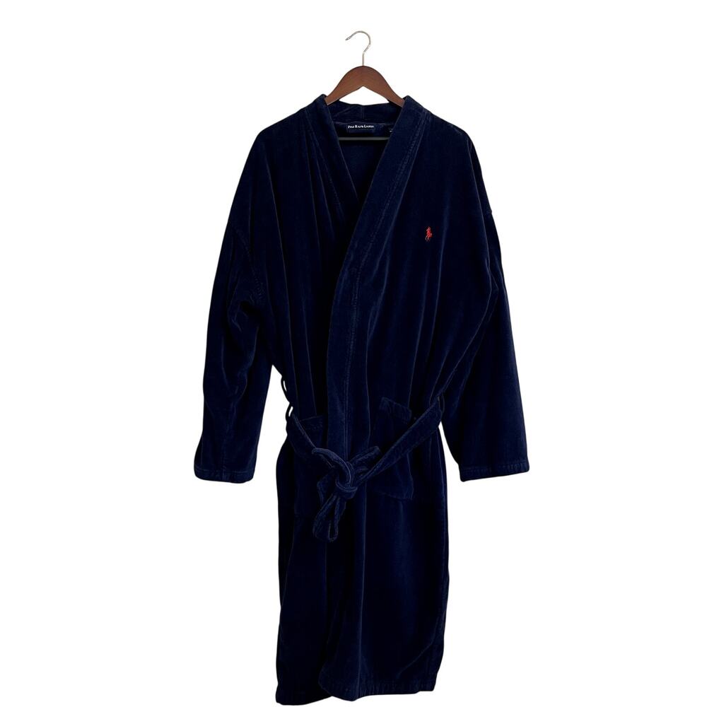 Polo Ralph Lauren Navy Blue Terry Cotton Bath Belted Robe Red Pony Mens L/XL